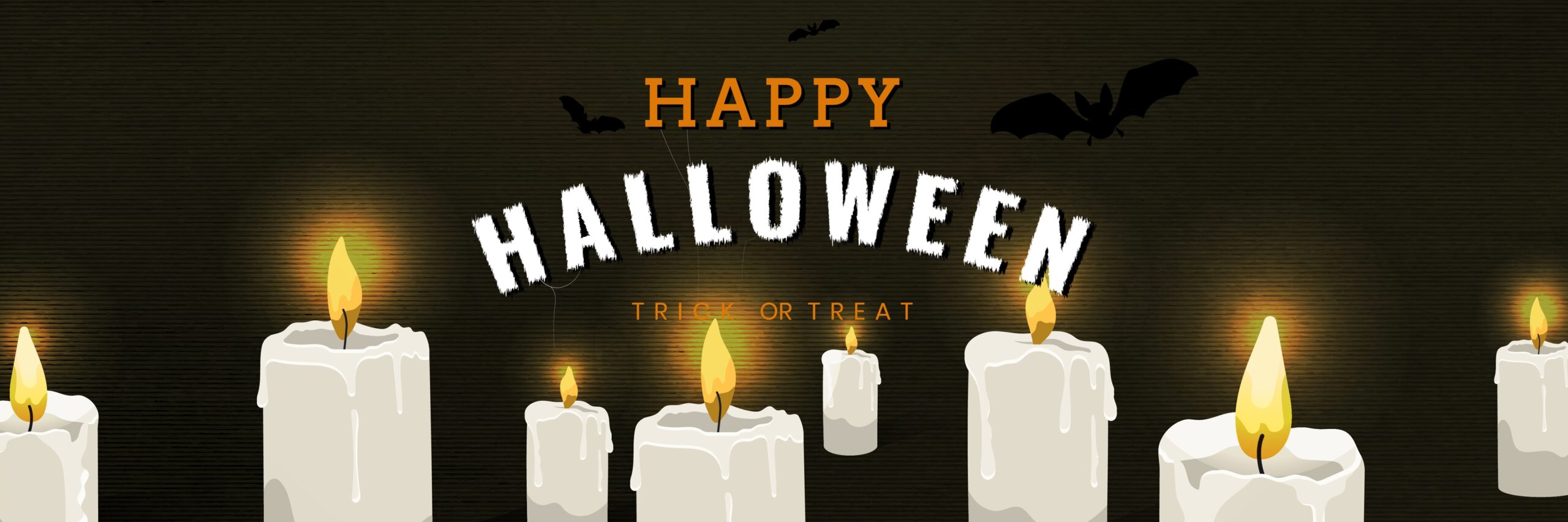 Black background with HAPPY HALLOWEEN TRICK OR TREAT text above lit candles