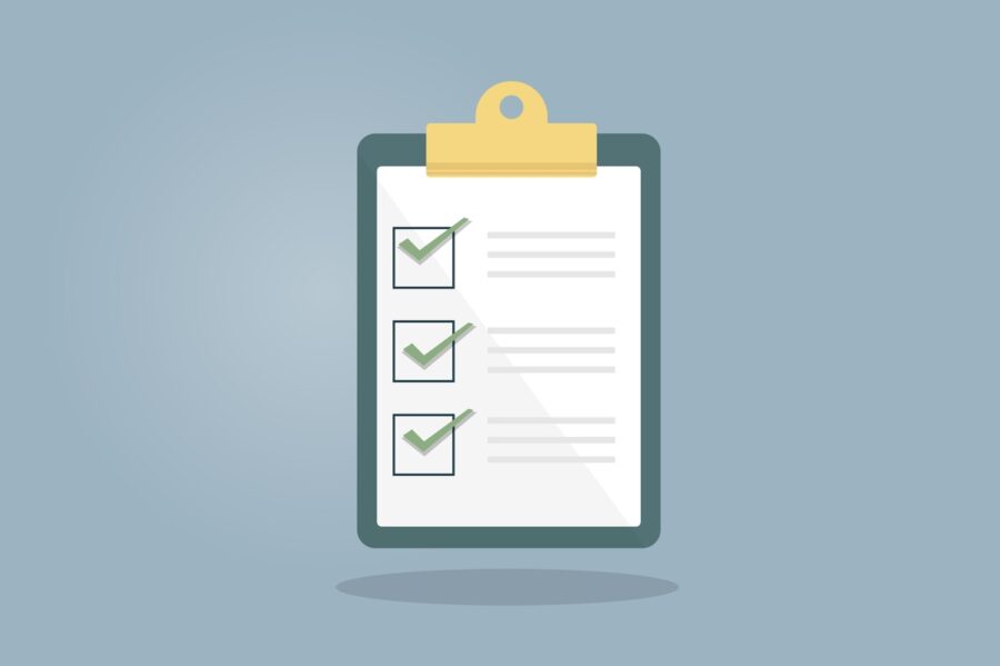 Illustration of a white checklist on a green and gold clipboard against a gray blue background