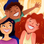 Drawing of 3 children smiling with their braces during the school year