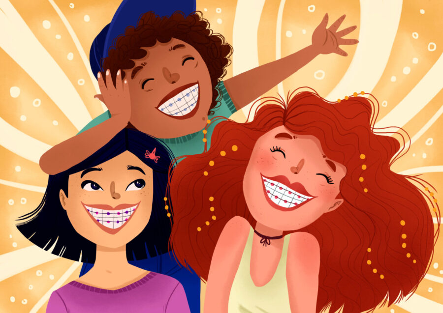 Drawing of 3 children smiling with their braces during the school year